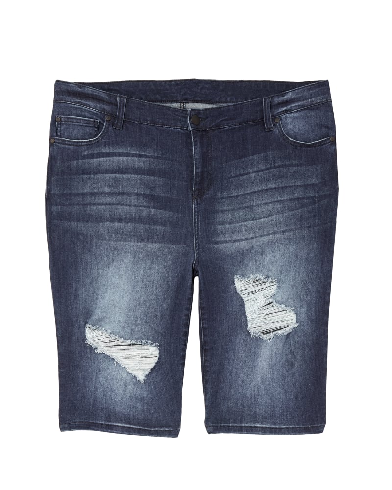 Front of a size 14 Nova Distressed Bermuda Shorts in Medium Wash by Molly & Isadora. | dia_product_style_image_id:125814